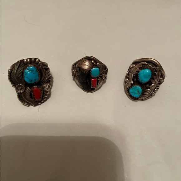 Turquoise and Red Stone Silver Rings
